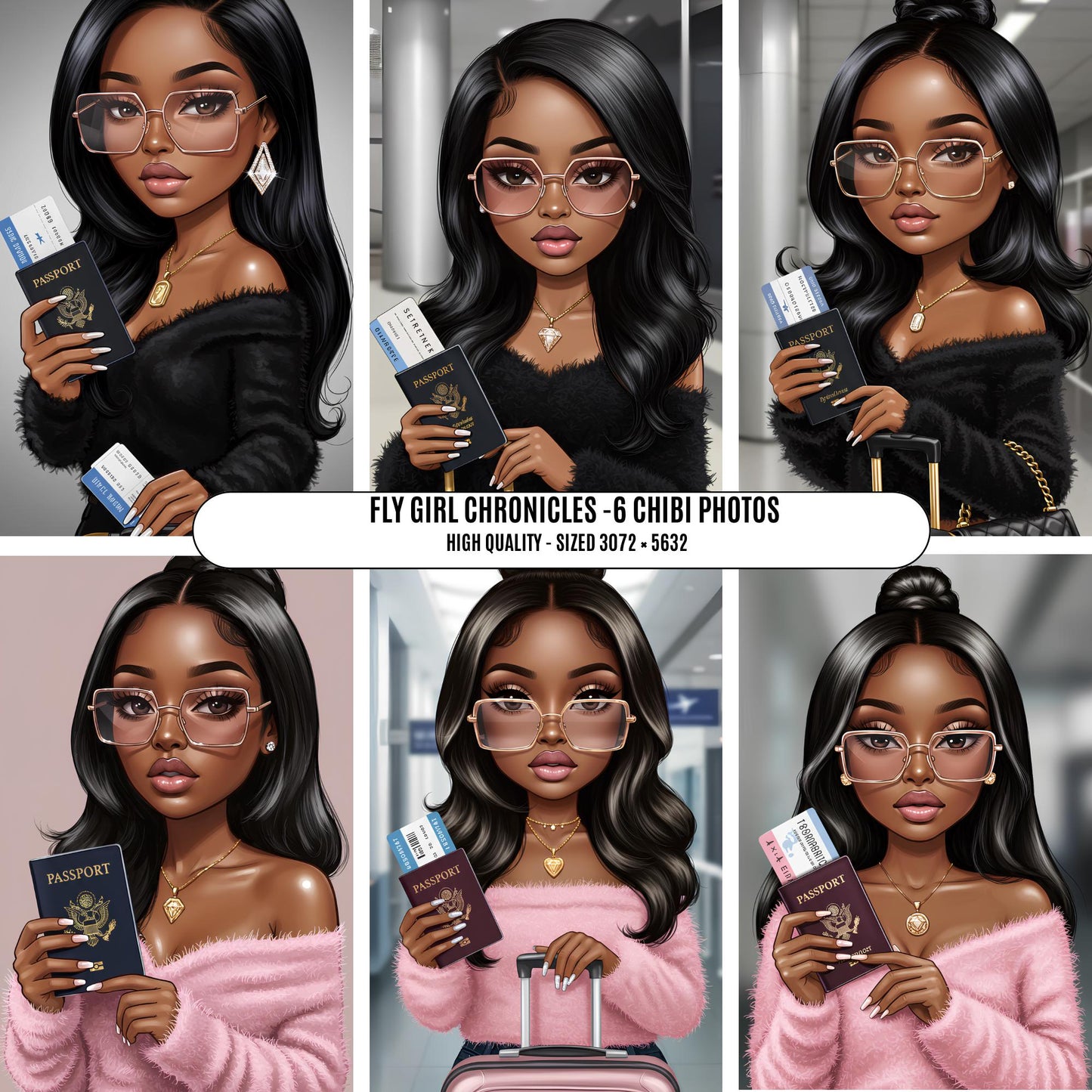 Pretty Girls Travel Too Clipart: Luxury African American Woman Illustrations (Digital Download)