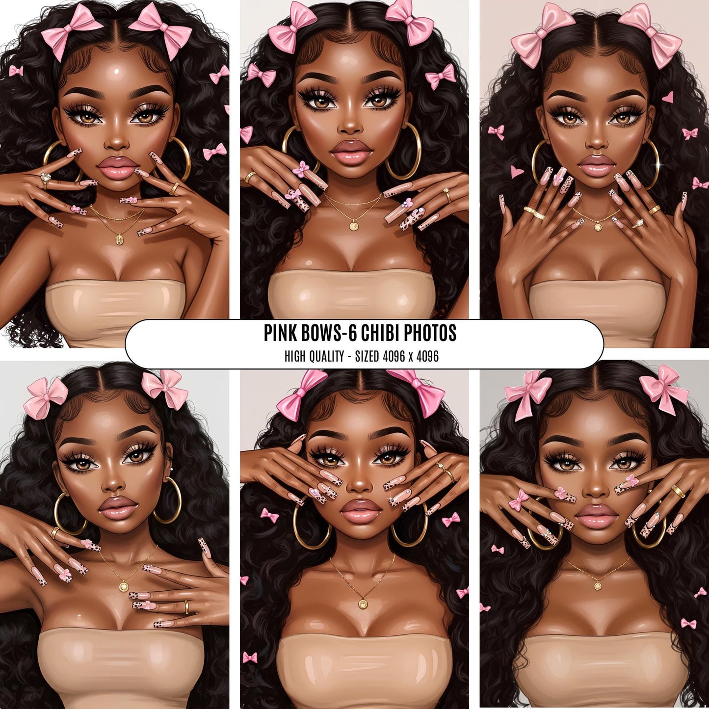 Black Art Chibi: Pink Bows, Nail Art (Digital Download)