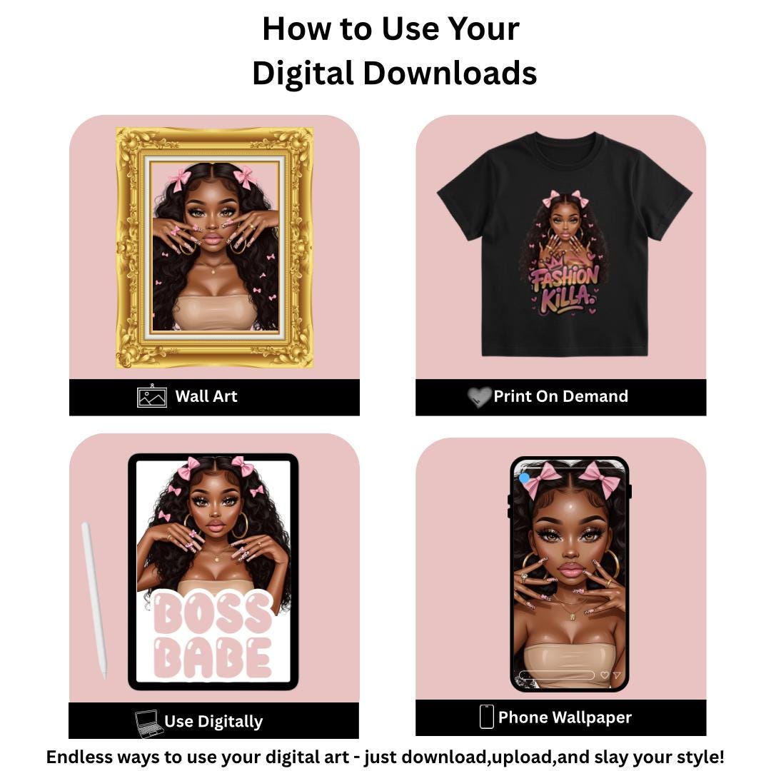 Black Art Chibi: Pink Bows, Nail Art (Digital Download)